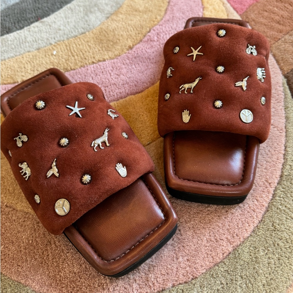 TOGA Virilis brown real suede slides with small silver animal shaped studs